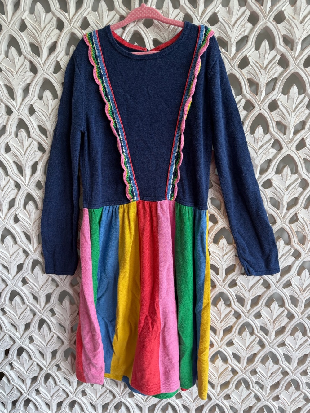 Mini Boden Navy Rainbow Knit Dress, size 9-10Y